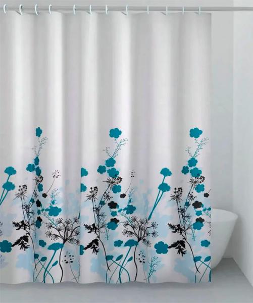 Hefe badeforhæng m/blå blomster 120 x 200 cm