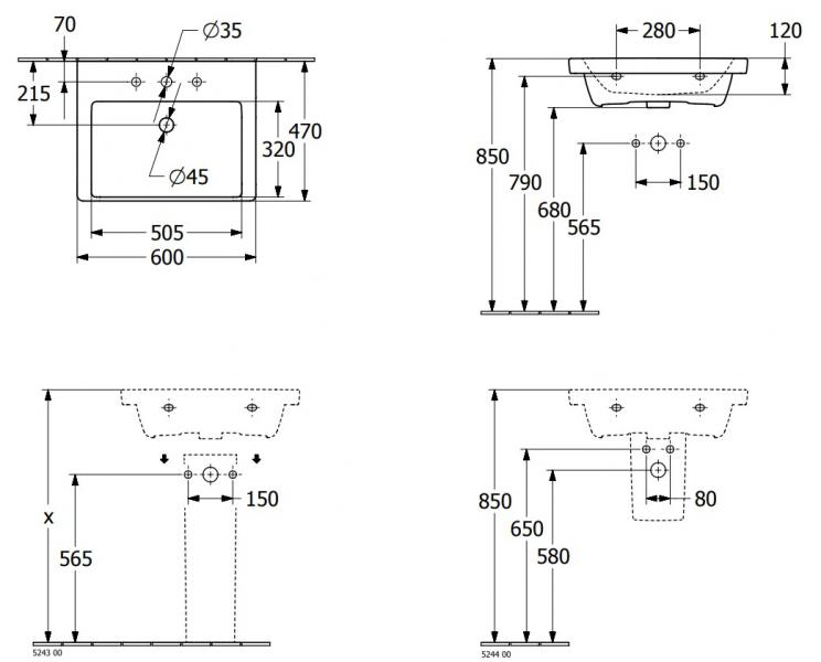 V&B Subway 3.0 60 håndvask t/væg - 1/3 hanehuller V&B Subway 3.0 60 håndvask t/væg - 1/3 hanehuller