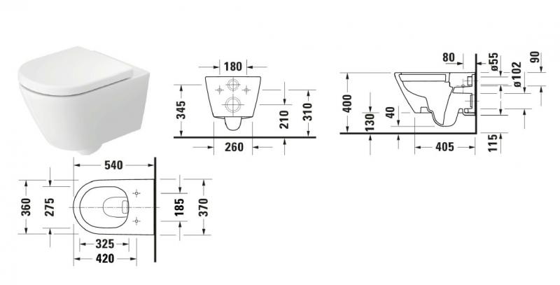Duravit D-code 54 rimless væghængt toilet m/skjult montering