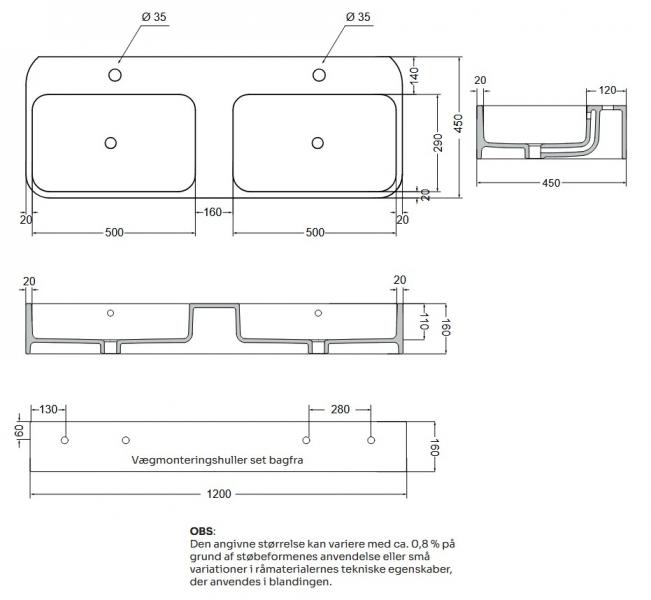 Lavabo Cosa 120 dobbelt håndvask t/væg eller bord - 2 hanehuller Lavabo Cosa 120 dobbelt håndvask t/væg eller bord - 2 hanehuller