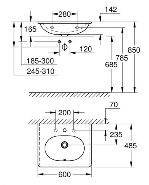 Grohe Essence 60 håndvask t/væg - 1/3 hanehuller Grohe Essence 60 håndvask t/væg - 1/3 hanehuller
