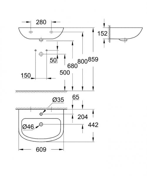 Grohe Bau 60 håndvask t/væg - 1 hanehul Grohe Bau 60 håndvask t/væg - 1 hanehul