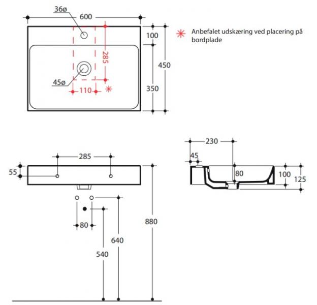 Lavabo Cento 60 håndvask t/væg eller bord - 1 hanehul Lavabo Cento 60 håndvask t/væg eller bord - 1 hanehul