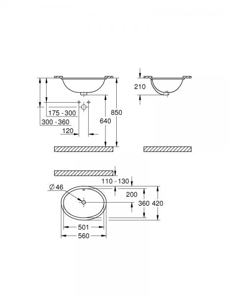 Grohe Bau 56 håndvask t/underlimning - Med overløb