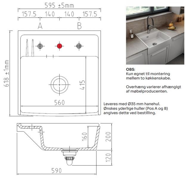 Lavabo Kentro 60 køkkenvask i porcelæn - Hvid/krom