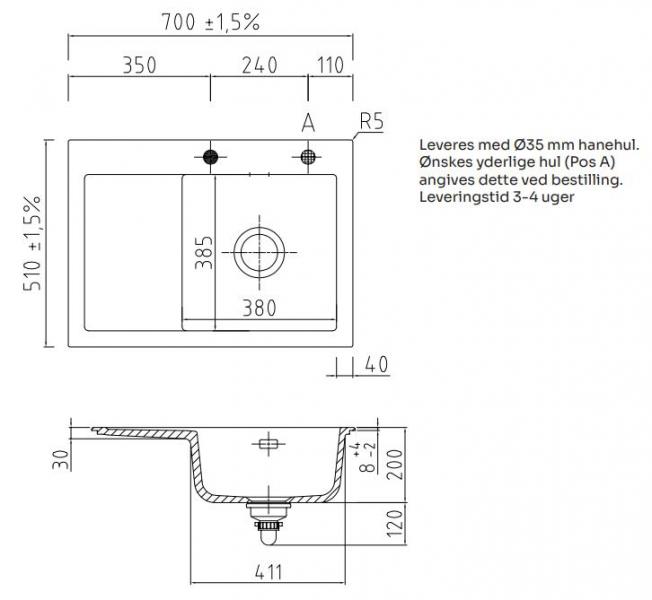 Lavabo Mera 70 porcelænskøkkenvask - Vask til højre/krom afløb Lavabo Mera 70 porcelænskøkkenvask - Vask til højre/krom afløb