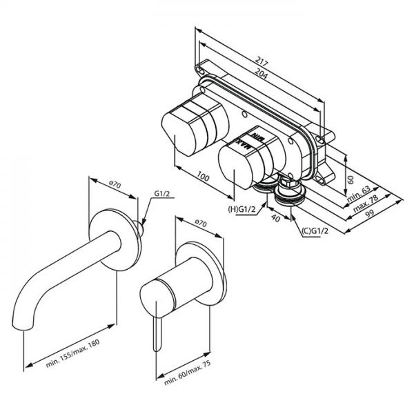 Damixa Iris komplet håndvaskarmatur til indbygning - Mat sort