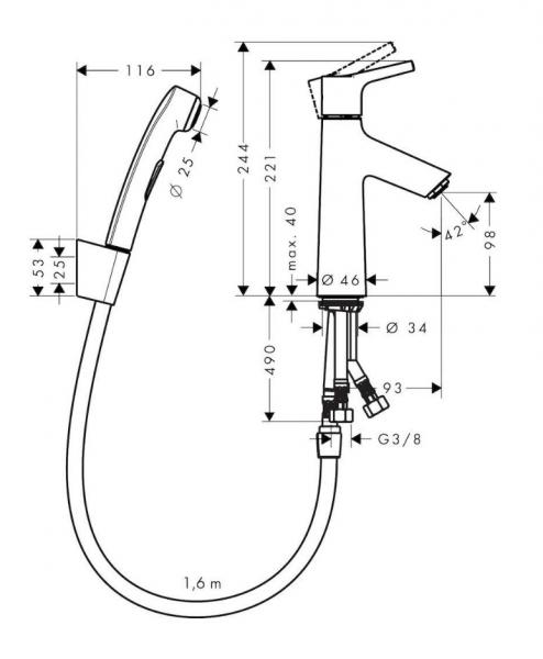 Hansgrohe Talis S håndvaskarmatur m/håndbruser og push-open bundventil