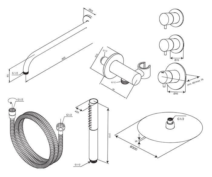 Damixa Iris XS 1 300 brusesæt til indbygning - Børstet messing Damixa Iris XS 1 300 brusesæt til indbygning - Børstet messing