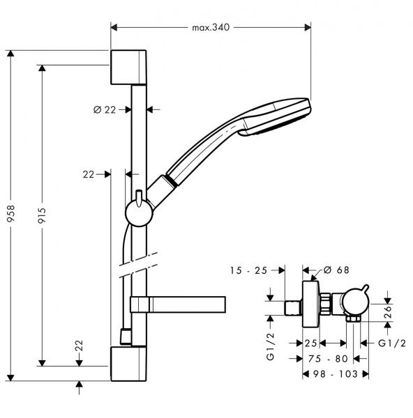 hansgrohe Croma 100 komplet brusesystem m/Ecostat Comfort og 90 cm brusestang - Krom