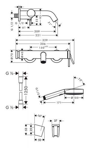 hansgrohe Tecturis komplet badekararmatur 3jet - Mat sort hansgrohe Tecturis komplet badekararmatur 3jet - Mat sort