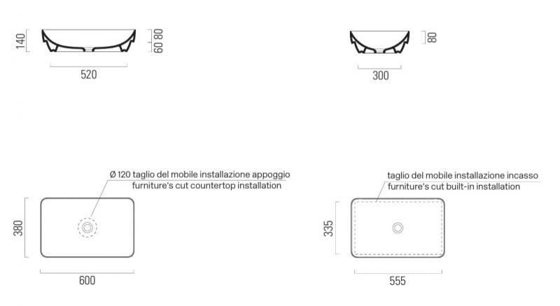 GSI Pura 60 fritstående bowlevask - Firkantet - Uden overløb - Ghiaccio