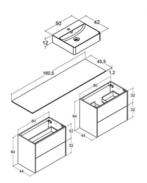 Dansani Luna Classic 160 møbelsæt m/Cube vask og skuffer - Valgfri farve