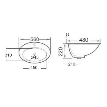 Cassøe Drop 56 håndvask t/nedfældning - 1 hanehul