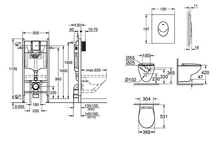 Grohe Bau toiletpakke inkl. sæde, cisterne og mat sort betjening
