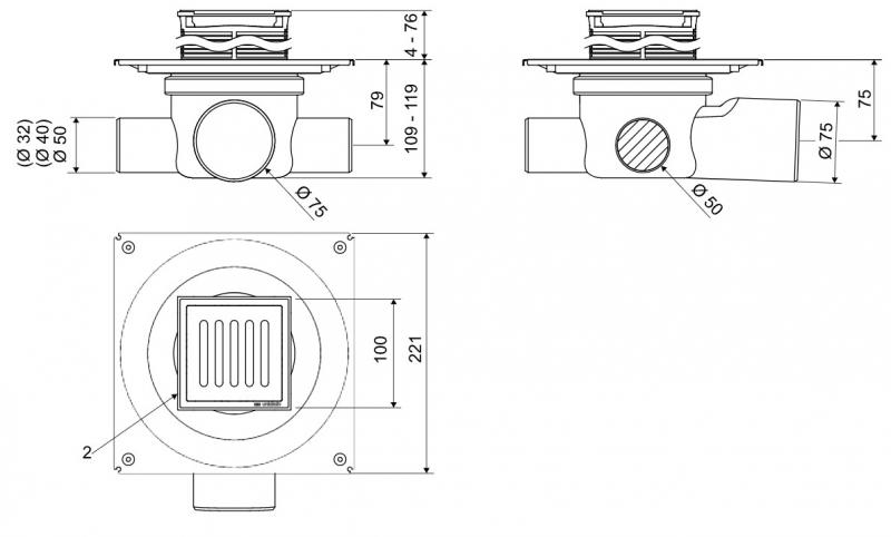 Unidrain kvadrat Classicline column sampak Ø75 mm m/ 10x10 cm rist Unidrain kvadrat Classicline column sampak Ø75 mm m/ 10x10 cm rist