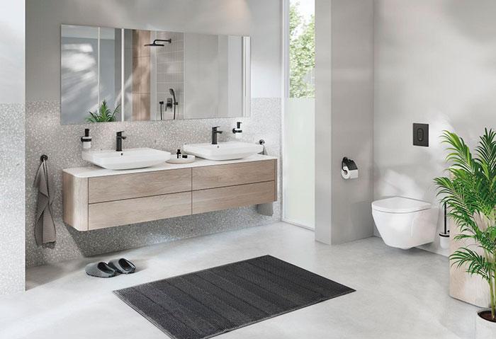 Grohe Cubeo M h&aring;ndvaskarmatur m/koldstart og push-open bundventil - Mat sort