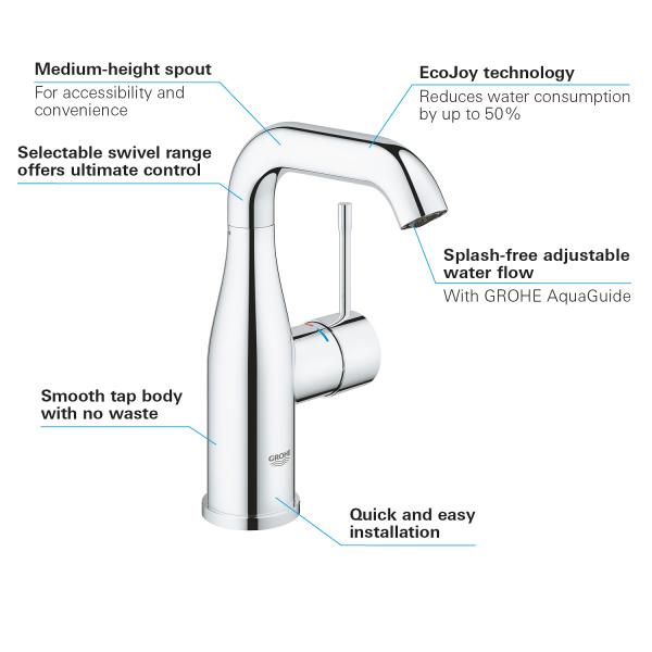 Grohe Essence New M håndvaskarmatur u/bundventil m/svingtud - Krom Grohe Essence New M håndvaskarmatur u/bundventil m/svingtud - Krom